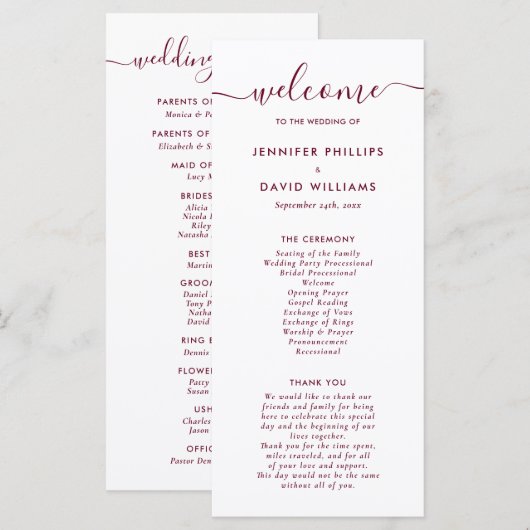 Elegant modern Bourgundy Wedding Programme Programmakaart (Voorkant / Achterkant)