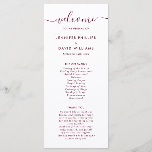 Elegant modern Bourgundy Wedding Programme Programmakaart (Voorkant)