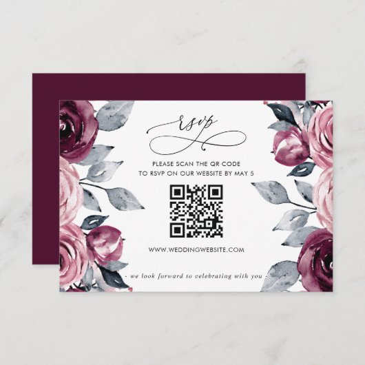 Elegant Modern Burgundy Floral QR CODE RSVP Kaartje (Voorkant / Achterkant)