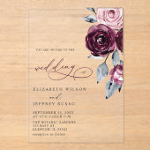 Elegant Modern Burgundy Floral Wedding Acryl Uitnodigingen (Voorkant)