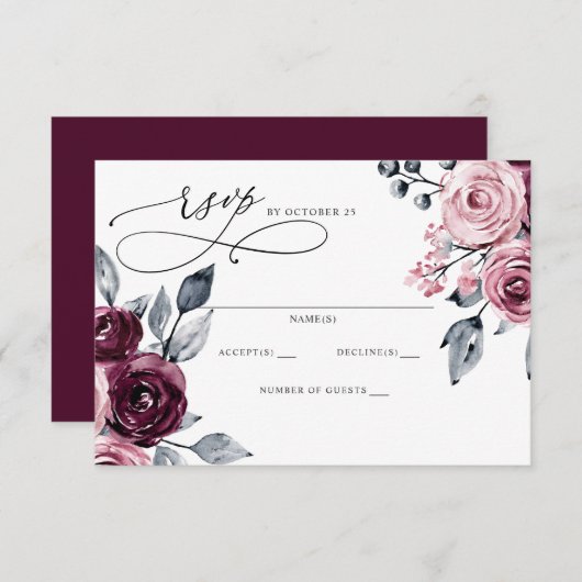 Elegant Modern Burgundy Floral Wedding RSVP Kaartje (Voorkant / Achterkant)