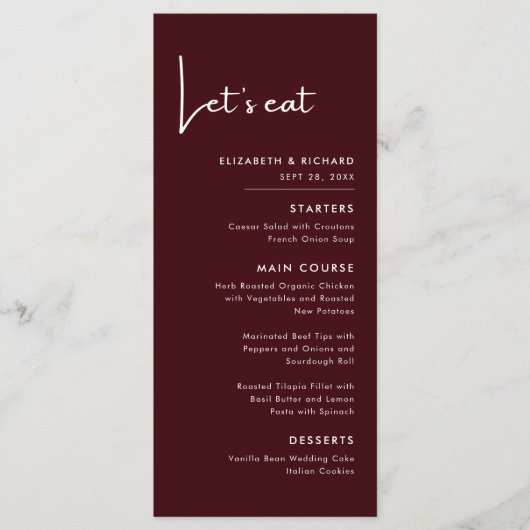 Elegant & Modern Burgundy Let's eat Wedding Menu (Voorkant)
