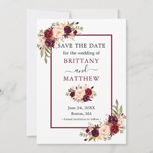 Elegant Modern Burgundy Lijst Floral Save The Date (Voorkant)