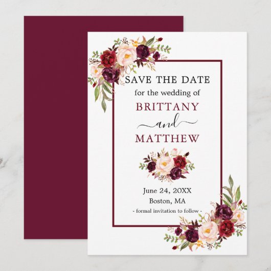 Elegant Modern Burgundy Lijst Floral Save The Date (Voorkant / Achterkant)