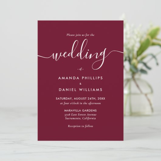 Elegant Modern Burgundy Photo Wedding Kaart (Staand voorkant)