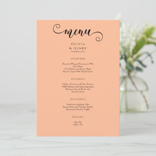 Elegant Modern Calligrafie Script Peach Wedding Menu (Staand voorkant)
