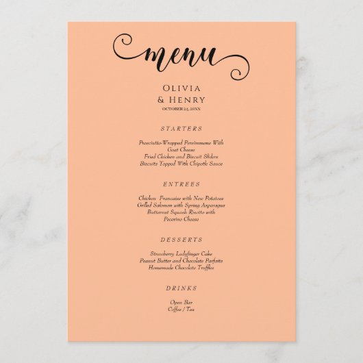 Elegant Modern Calligrafie Script Peach Wedding Menu (Voorkant)
