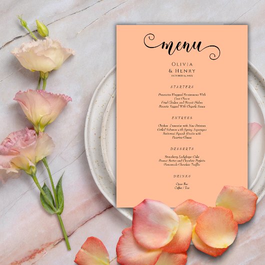 Elegant Modern Calligrafie Script Peach Wedding Menu