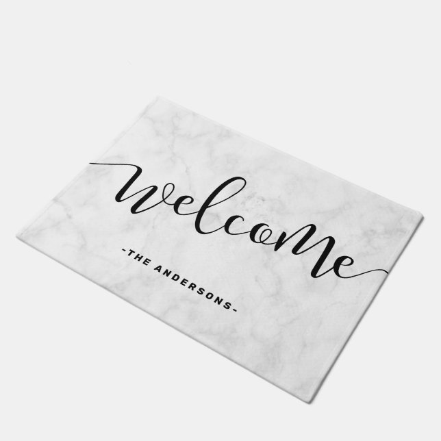 Elegant modern calligrafisch wit marmer welkom deurmat (Schuin)