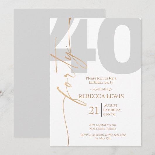 Elegant Modern Calligraphy 40th Adult Birthday Kaart (Voorkant / Achterkant)