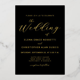 Elegant Modern Calligraphy Black Gold Wedding Folie Uitnodiging