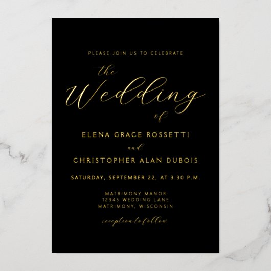 Elegant Modern Calligraphy Black Gold Wedding Folie Uitnodiging (Voorkant)