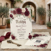 Elegant Modern Calligraphy Burgundy Rose QR Code Kaart