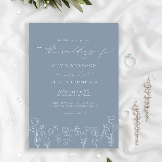 Elegant Modern Calligraphy Dusty Blue Wedding Kaart