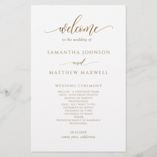 Elegant modern Calligraphy Gold Wedding Programme (Voorkant)