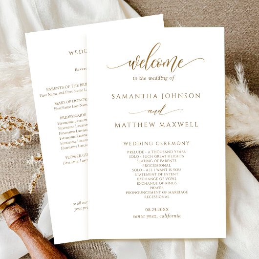 Elegant modern Calligraphy Gold Wedding Programme