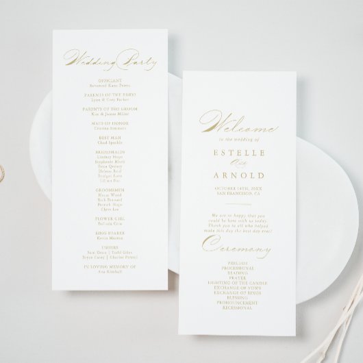 Elegant modern Calligraphy Gold Wedding Programme Programmakaart