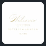 Elegant Modern Calligraphy Gold Wedding Welcome Vierkante Sticker<br><div class="desc">Deze elegante moderne kalligrafie gouden bruiloft welkome vierkant sticker is perfect voor een ritueel. Het eenvoudige en stijlvolle ontwerp kenmerkt klassieke en fancy manuscripttypografie in goud. Deze etiketten zijn perfect voor gastgastkoffers en bestemmingsbruiloften.</div>