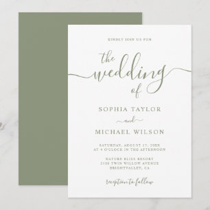 Elegant Modern Calligraphy Sage Green Wedding Kaart