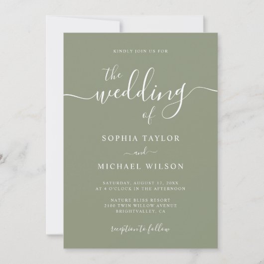 Elegant Modern Calligraphy Sage Green Wedding Kaart (Voorkant)