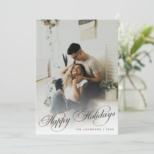 Elegant Modern Calligraphy Script Christmas Photo Feestdagenkaart (Staand voorkant)