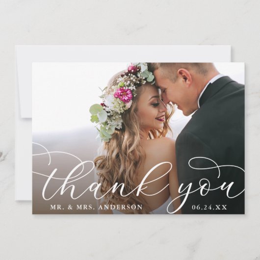 Elegant Modern Calligraphy Wedding Photo Bedankkaart (Voorkant)