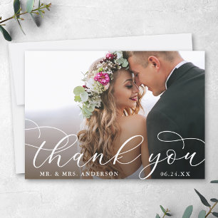 Elegant Modern Calligraphy Wedding Photo Bedankkaart