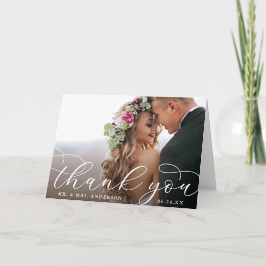 Elegant Modern Calligraphy Wedding Photo Fold Bedankkaart (Voorkant)