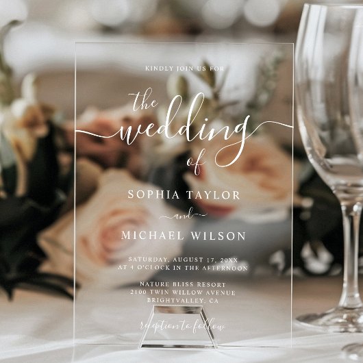 Elegant Modern Calligraphy White Wedding Acryl Uitnodigingen