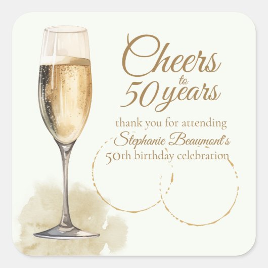Elegant Modern Champagne Cheers 50th Birthday Vierkante Sticker (Voorkant)