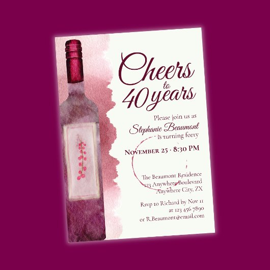 Elegant Modern Cheers Red Wine 40th Birthday Party Kaart