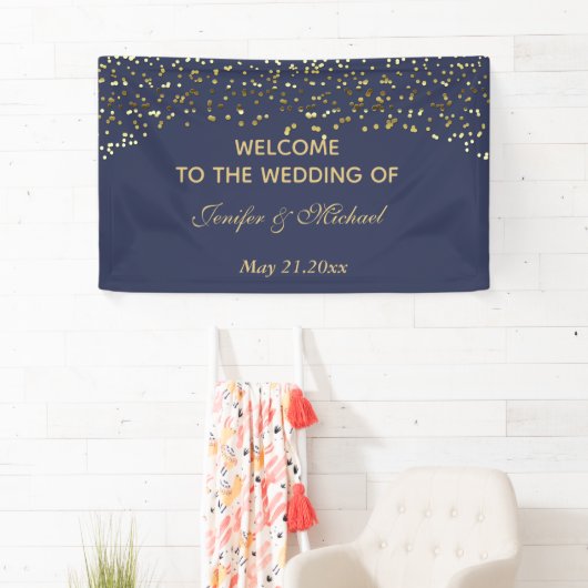 Elegant modern chic navy gold confetti bruiloft spandoek (Insitu)