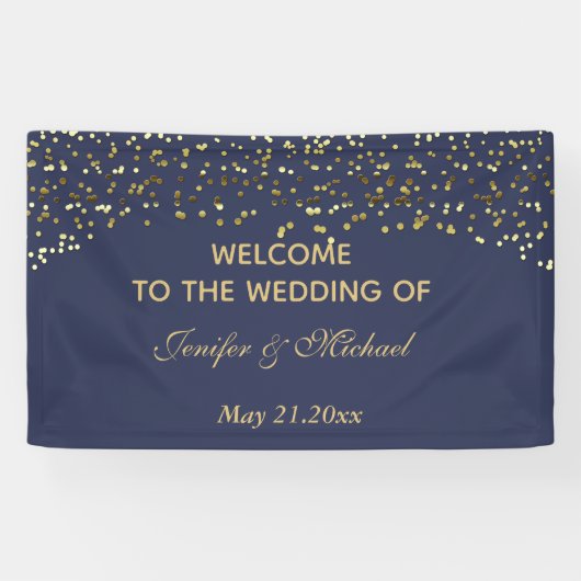 Elegant modern chic navy gold confetti bruiloft spandoek (Horizontaal)