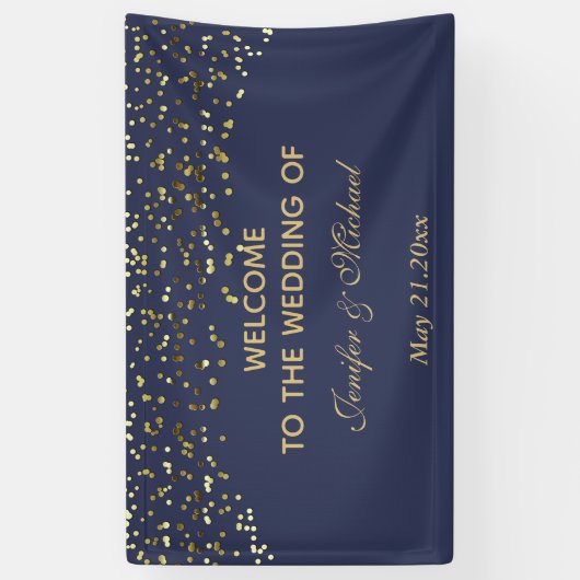 Elegant modern chic navy gold confetti bruiloft spandoek (Verticaal)