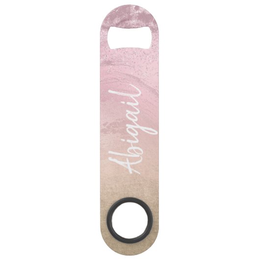 Elegant modern chic ombre roos gold glitter marmer speed flessenopener (Achterkant)