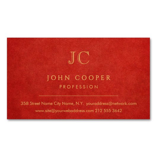 Elegant Modern Chic Rood en Goud Magnetisch Visitekaartje (Voorkant)