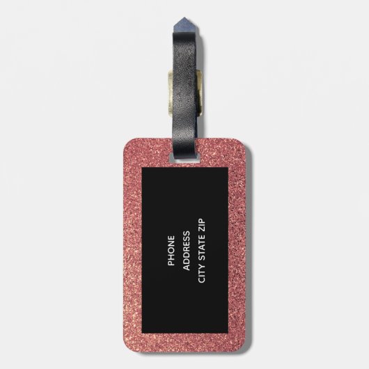 Elegant modern chick roos goud glitter zwart bagagelabel (Achterkant verticaal)