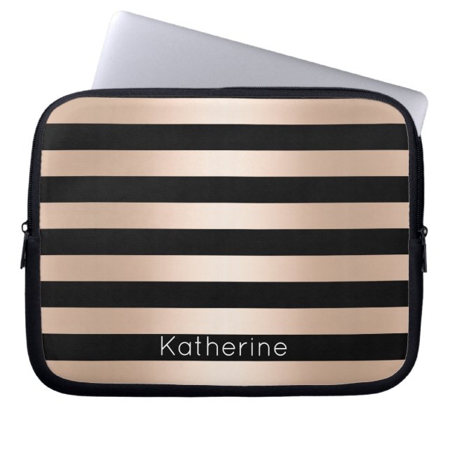 Elegant modern chick roos goud zwart gestreept laptop sleeve (Voorkant)