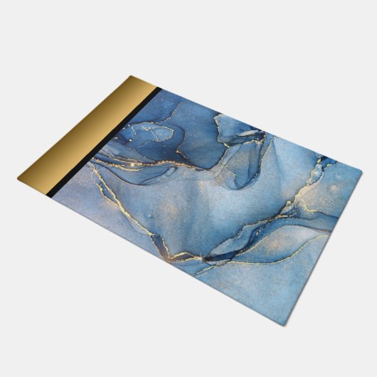 Elegant Modern Chique Blauw en Goud Marmeren Patro Deurmat (Schuin)
