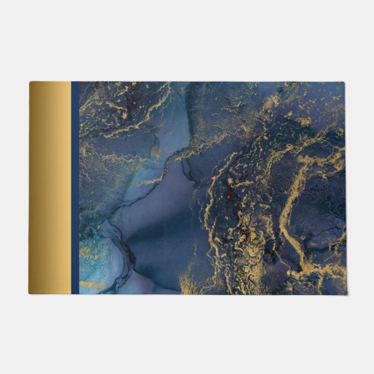 Elegant Modern Chique Blauw en Goud Marmeren Patro Deurmat (Voorkant)