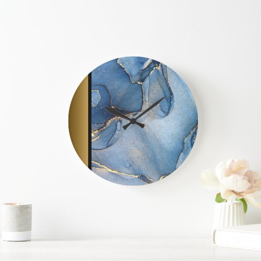 Elegant Modern Chique Blauw Goud Marmeren Patroon Grote Klok (Huis)