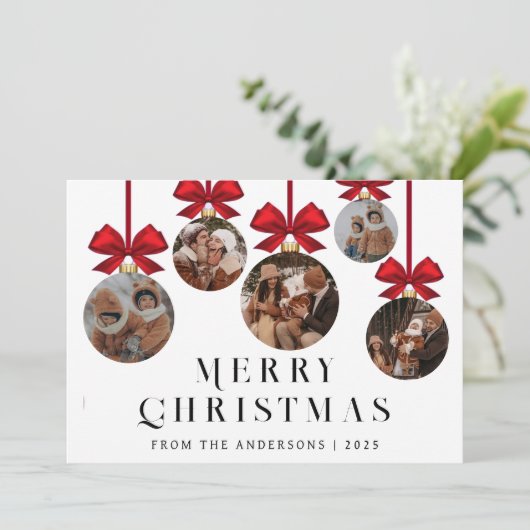 Elegant Modern Christmas Family 5 Ornament Photo Feestdagenkaart (Staand voorkant)