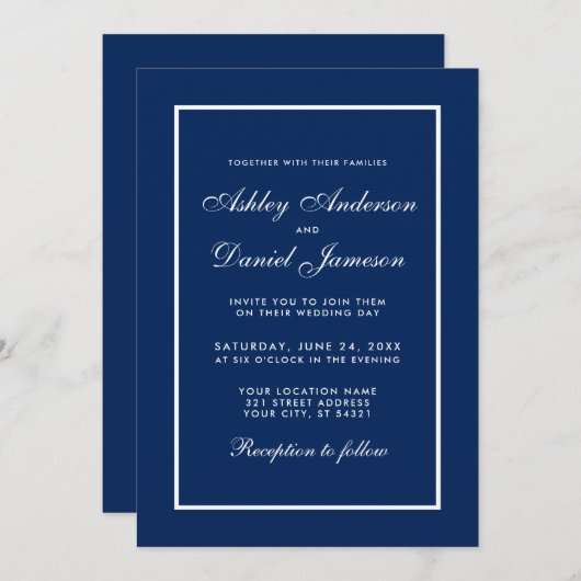 Elegant modern Classic Blue Wedding Kaart (Voorkant / Achterkant)