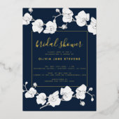 Elegant modern Classic Orchids Navy Vrijgezellenfe Folie Uitnodiging (Voorkant)
