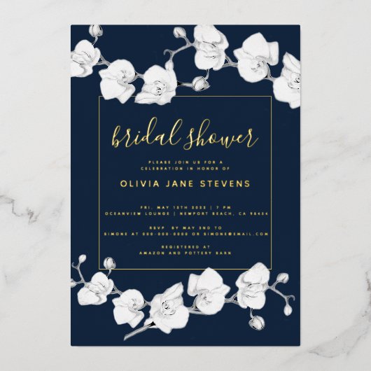 Elegant modern Classic Orchids Navy Vrijgezellenfe Folie Uitnodiging (Voorkant)
