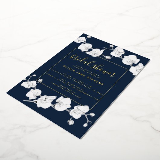 Elegant modern Classic Orchids Navy Vrijgezellenfe Folie Uitnodiging (Gedraaid)