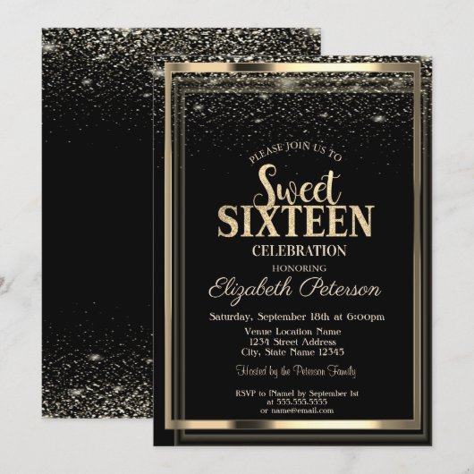 Elegant modern Confetti Gold Lijst Sweet 16 Kaart (Voorkant / Achterkant)