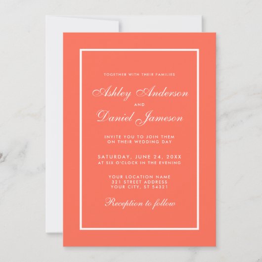 Elegant Modern Coral and White Wedding Invitation Kaart (Voorkant)