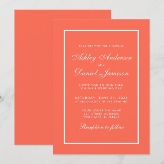 Elegant Modern Coral and White Wedding Invitation Kaart (Voorkant / Achterkant)
