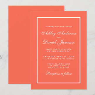 Elegant Modern Coral and White Wedding Invitation Kaart